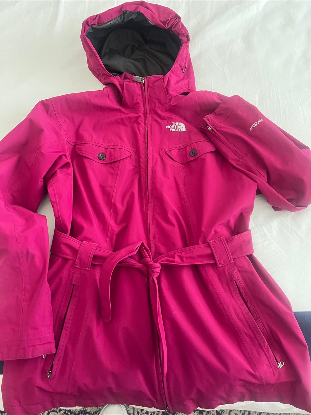 The North Face Magenta Hooded Raincoat with Belt